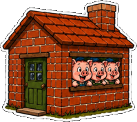 A brick house from the story with figures at work outside