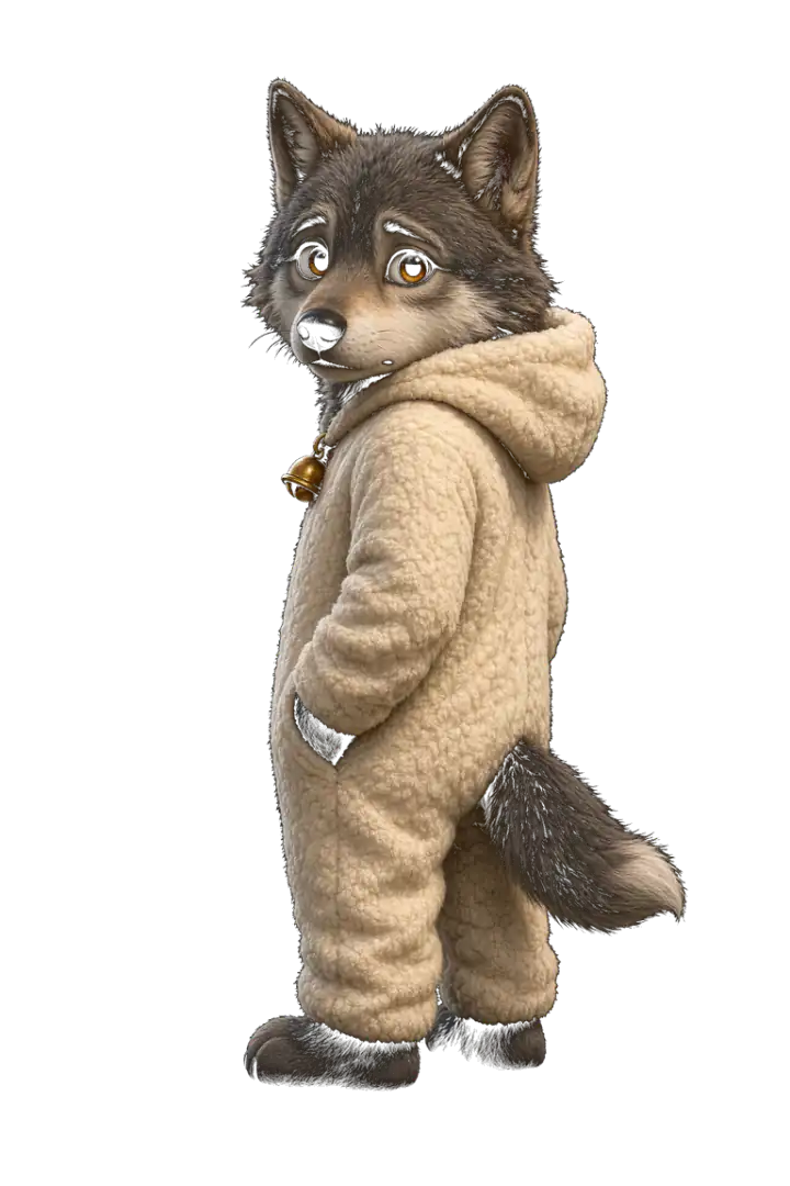 Chima, a grey wolf in a cream sheep-fleece hooded one-piece with a brass bell at his throat