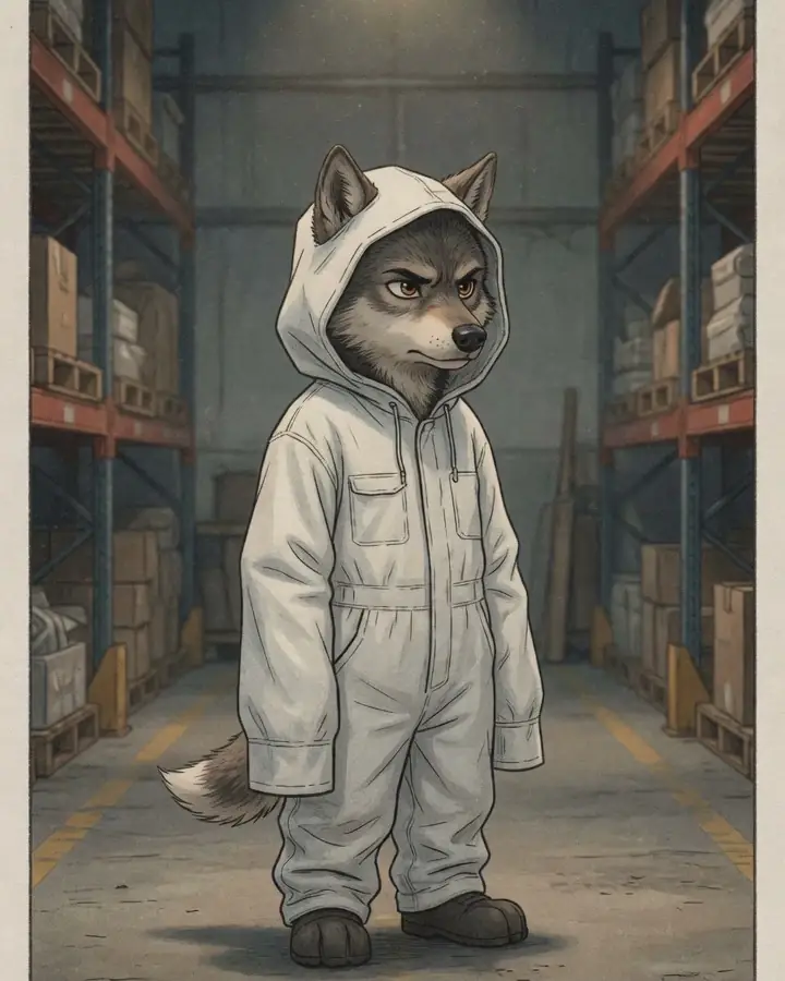 Chima, a young grey wolf in a baggy white hooded work coverall with the hood up, standing in a dim warehouse aisle between tall pallet racking under a single lamp