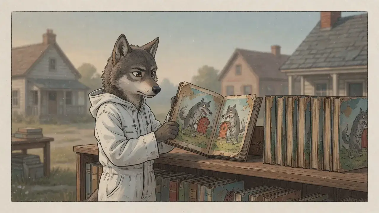 Chima in his white work coverall at a shelf of worn picture books, holding one open at a page that shows a wolf at a cottage door