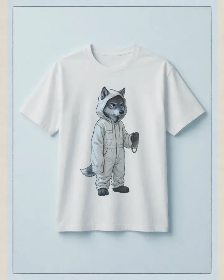 A white heavyweight t-shirt laid flat, printed on the chest with a small drawing of Chima, a young grey wolf in a baggy white hooded work coverall