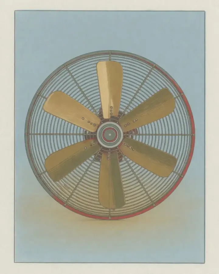 A risograph-style print of a round steel-caged industrial fan with six brass-coloured blades, seen from the front