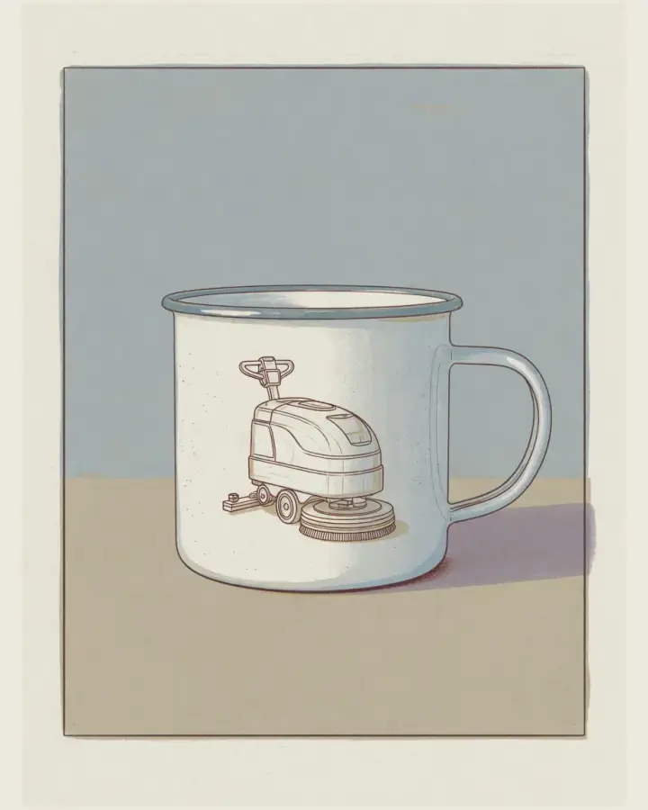 A white enamel mug with a thin dark rim, printed with a small ink-line drawing of a warehouse floor scrubber