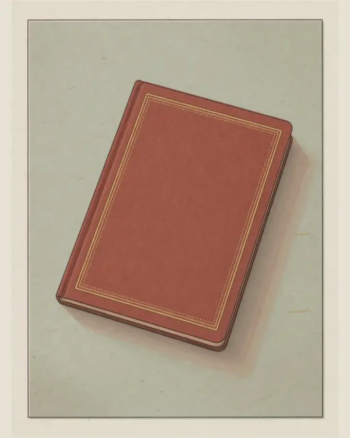 A plain brick-red cloth notebook with a thin brass-ruled frame on the cover, lying on a paper-grey surface