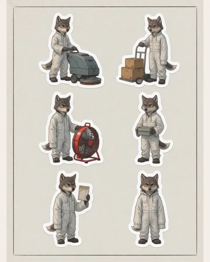 A sheet of six die-cut stickers of Chima in his white hooded work coverall: with a floor scrubber, a hand truck, a red caged fan, a lunch tin, a time card, and standing with his hood up