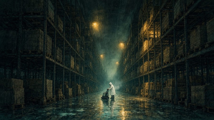 A small figure in a white hooded work coverall pushing a floor scrubber down a vast, dim warehouse aisle